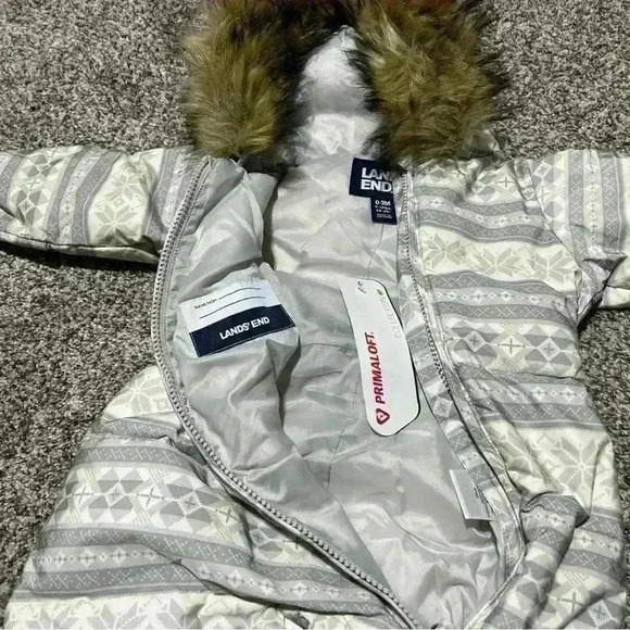 Lands End Kids Baby 0-3 Months Snow Suit Hood Puffer Gray Nordic Jacket Coat NWT - Picture 7 of 13